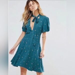 Free People Dress Women Size 0 Green Combo Boho A-Line Flare Keyhole Abbie